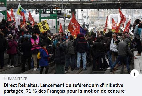 Direct Retraites. Lancement du référendum d'initiative partagée, 71 % des Français pour la motion de censure | L'Humanité {HTML}