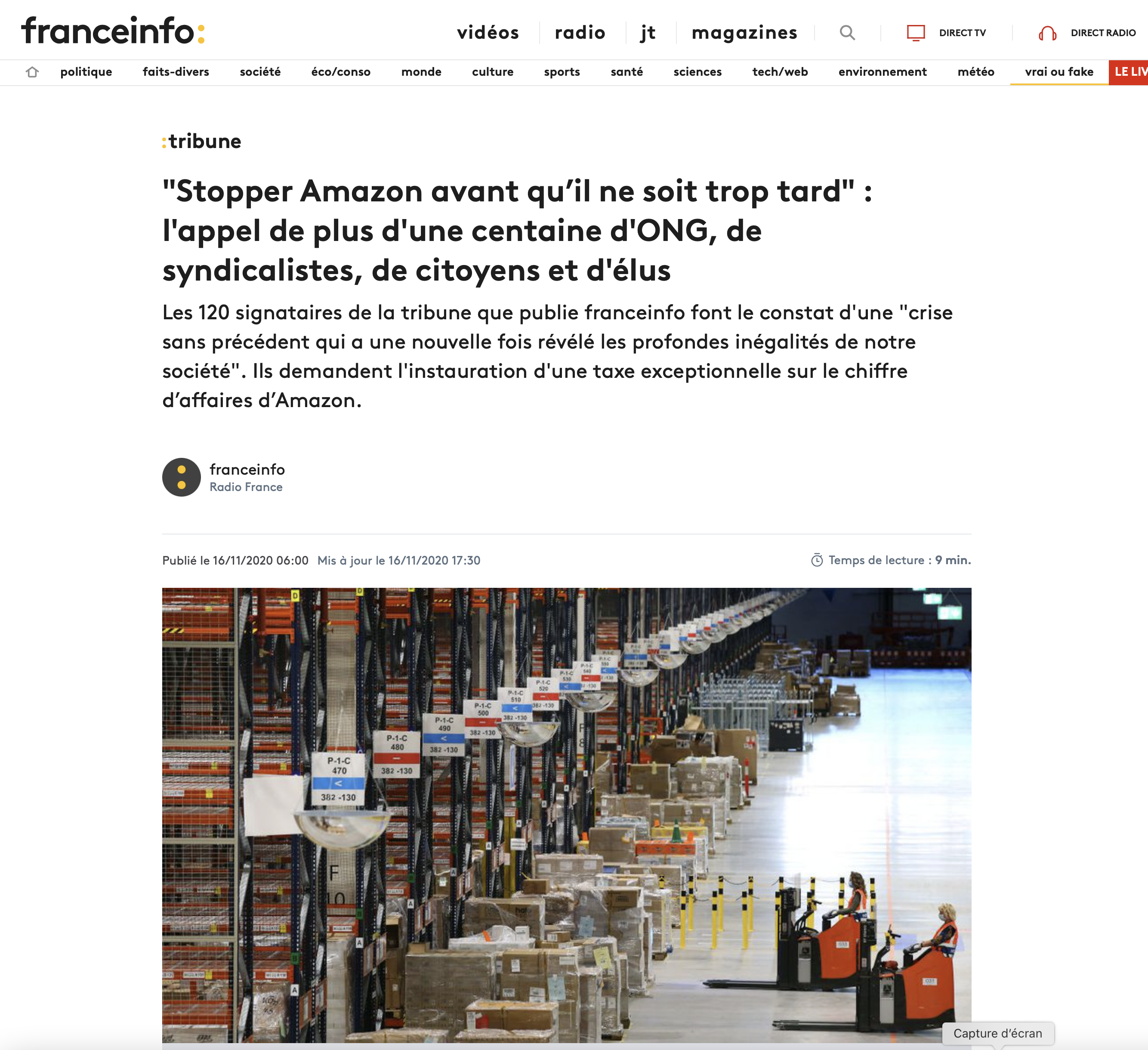 TRIBUNE. "Stopper Amazon avant qu'il ne soit trop tard" : l'appel de plus d'une centaine d'ONG, de syndicalistes, de citoyens et d'élus {HTML}