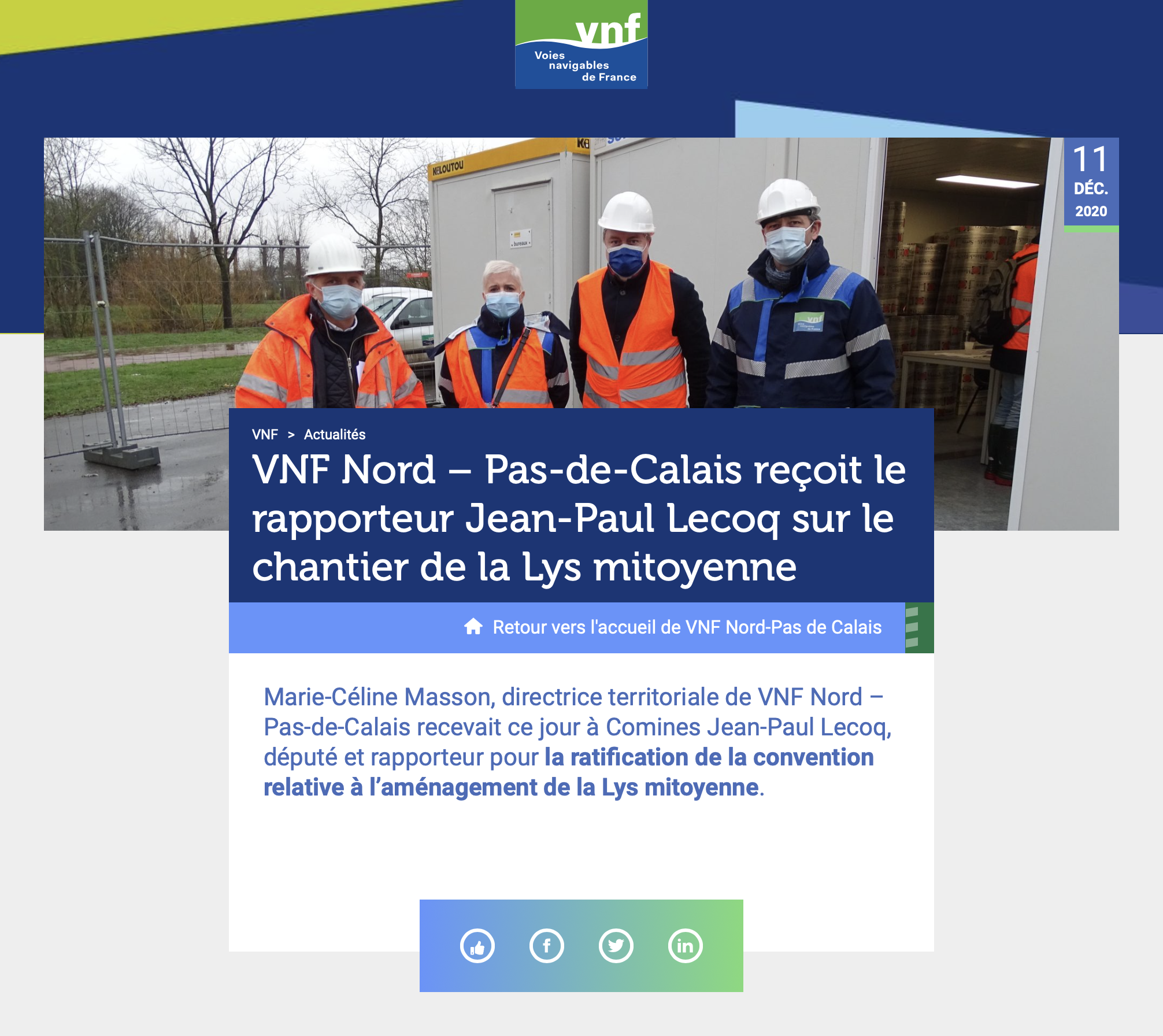 VNF Nord - Pas-de-Calais reçoit le rapporteur Jean-Paul Lecoq sur le chantier de la Lys mitoyenne - VNF {HTML}