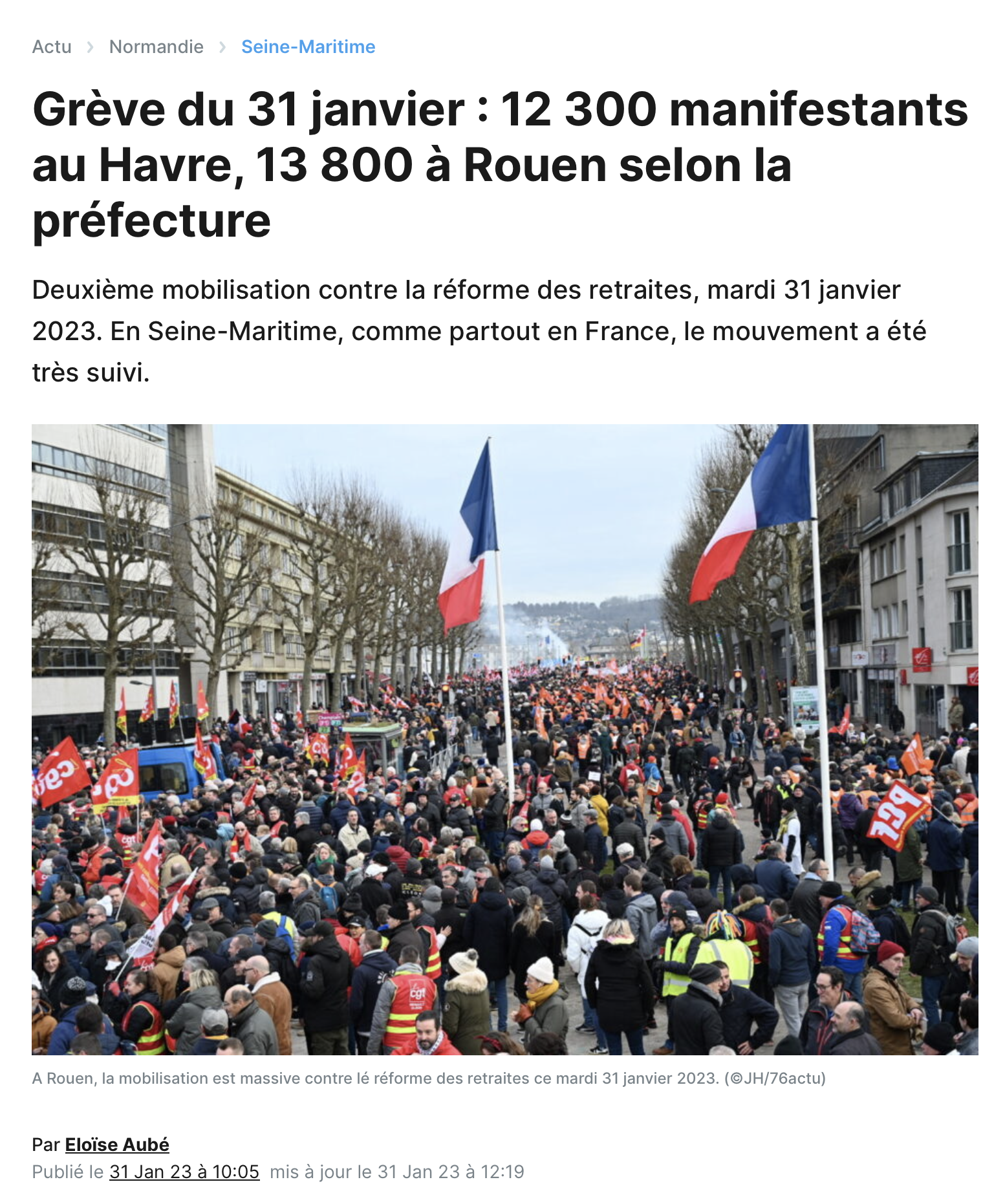 Grève du 31 janvier : 12 300 manifestants au Havre, 13 800 à Rouen selon la préfecture | 76actu {HTML}
