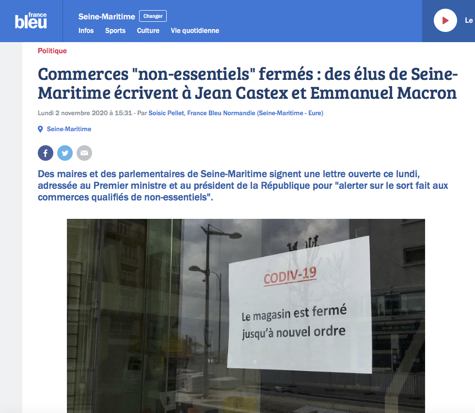 Commerces "non-essentiels" fermés : des élus de Seine-Maritime écrivent à Jean Castex et Emmanuel Macron {HTML}