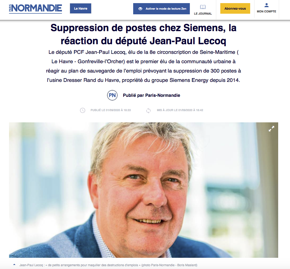 Suppression de postes chez Siemens, la réaction du député Jean-Paul Lecoq {HTML}