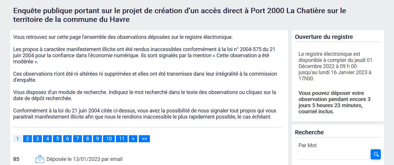 Enquête publique portant sur le projet de création d'un accès direct à Port 2000 La Chatière sur le territoire de la commune du Havre : Consulter les observations {HTML}