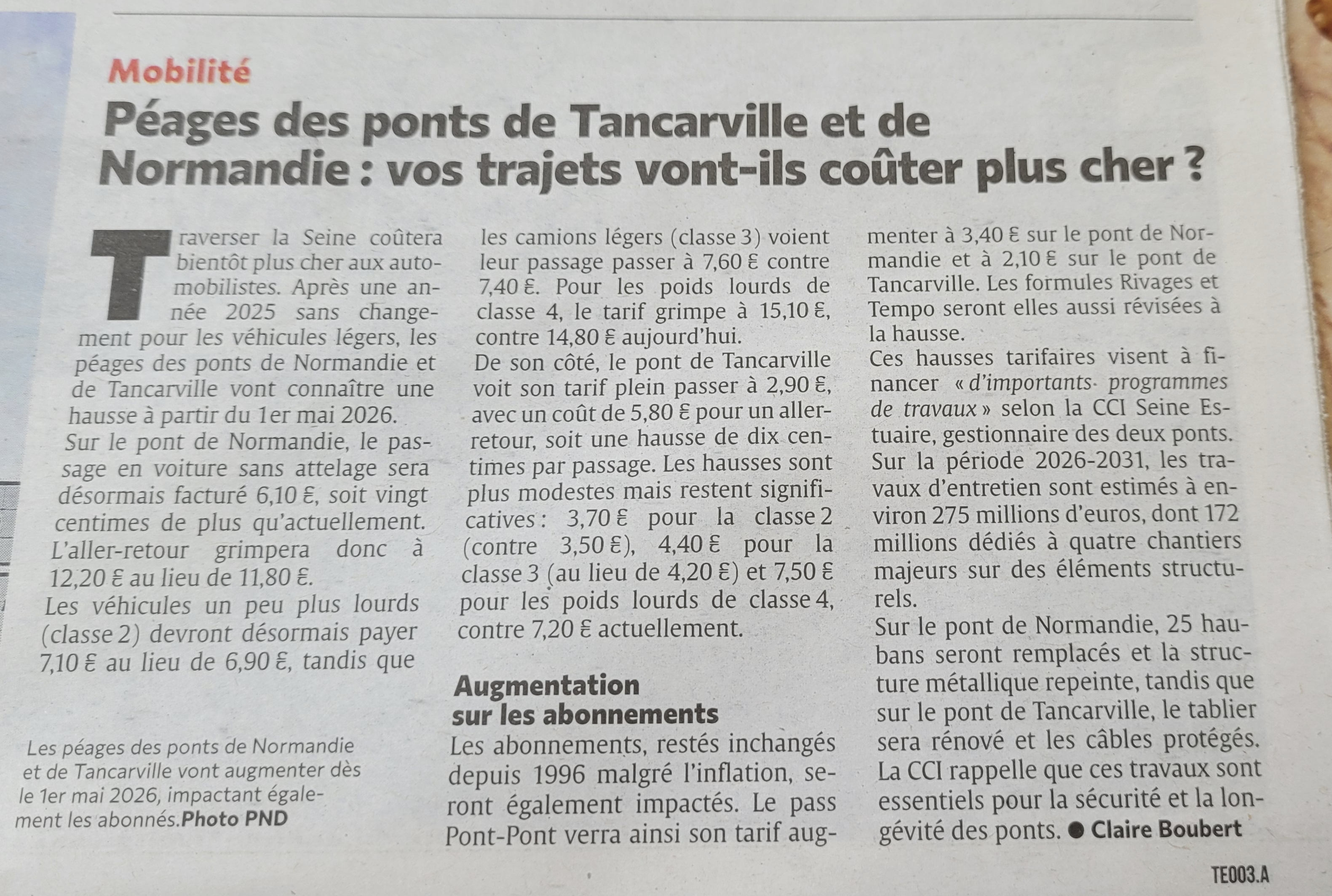 Extrait de "Paris-Normandie" du 1er avril 2026