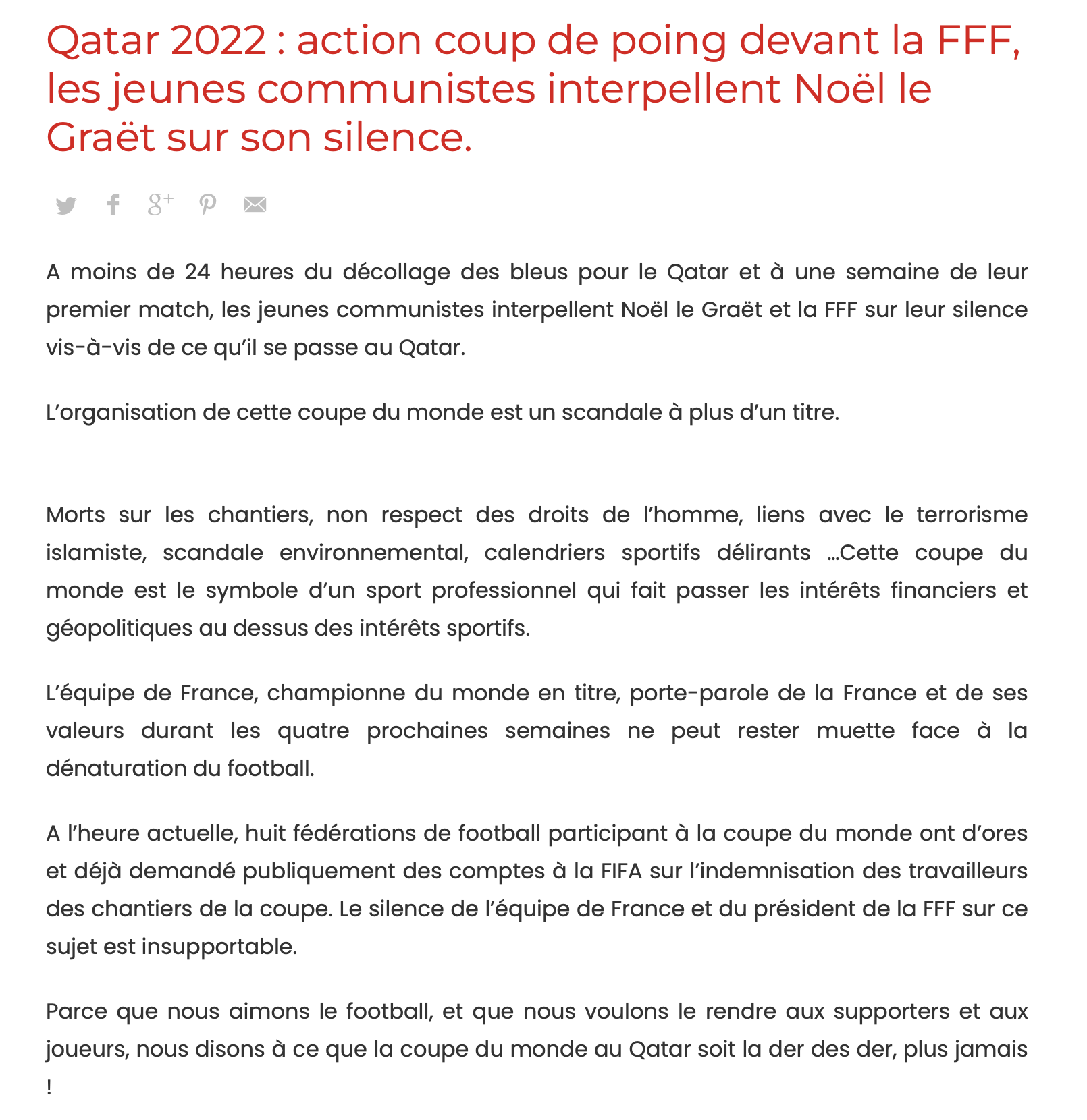 Qatar 2022 : action coup de poing devant la FFF, les jeunes communistes interpellent Noël le Graët sur son silence. - MJCF | Mouvement Jeunes Communistes de France {HTML}